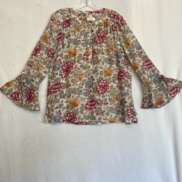 LOFT Floral Blouse Bell Sleeve The Softened Shirt Cotton Tie Popover Boho Top M - Picture 2 of 11